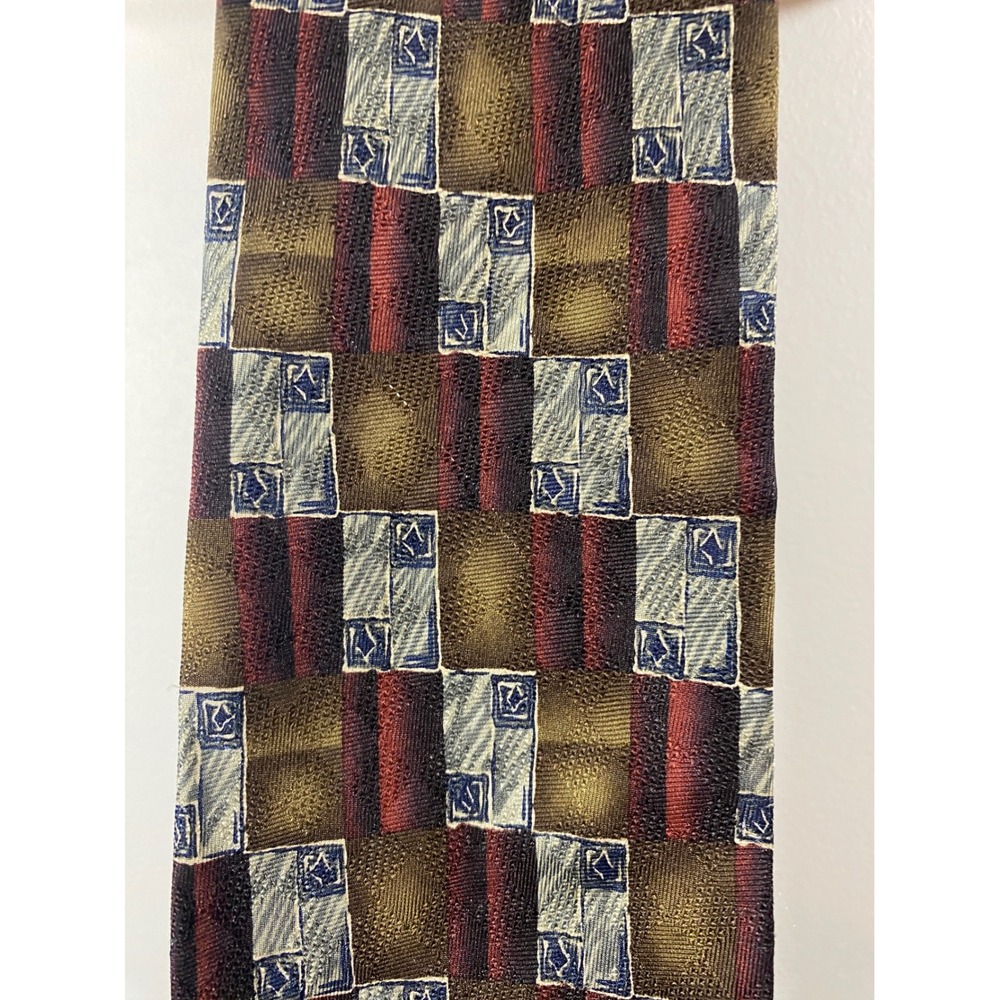 Louis Roth Mens Silk Tie Geometric Patchwork Gold Burgundy Blue Abstract Silk